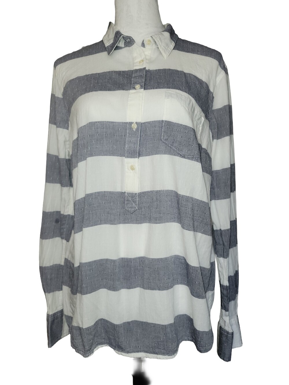 Merona Women's Gray & White Striped Half Button Lightweight  Pullover Shirt  XXL